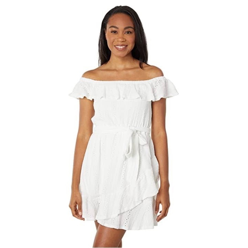 458- BCBGeneration NWT Eyelet Belted Off Shoulder Mini Dress Size Medium